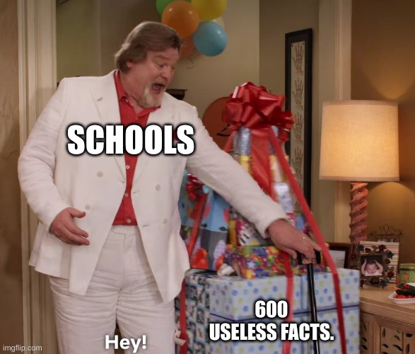 600 useless facts. | SCHOOLS; 600 USELESS FACTS. | image tagged in presents | made w/ Imgflip meme maker