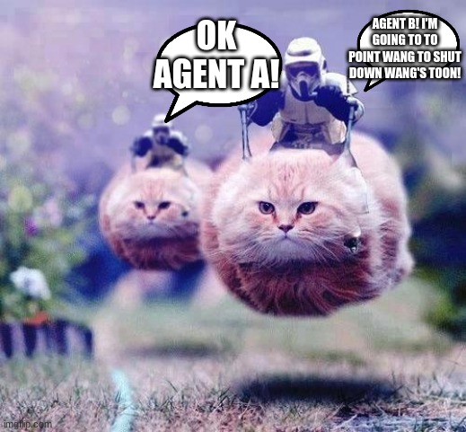 Wang's - --- --- -.  .--. .. .-.. --- - | OK AGENT A! AGENT B! I'M GOING TO TO POINT WANG TO SHUT DOWN WANG'S TOON! | image tagged in storm trooper cats | made w/ Imgflip meme maker
