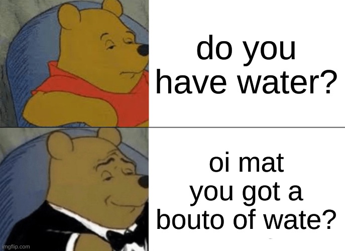 misspelled on purpose | do you have water? oi mat you got a bouto of wate? | image tagged in memes,tuxedo winnie the pooh | made w/ Imgflip meme maker