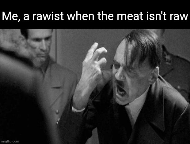 hitler | Me, a rawist when the meat isn't raw | image tagged in hitler | made w/ Imgflip meme maker