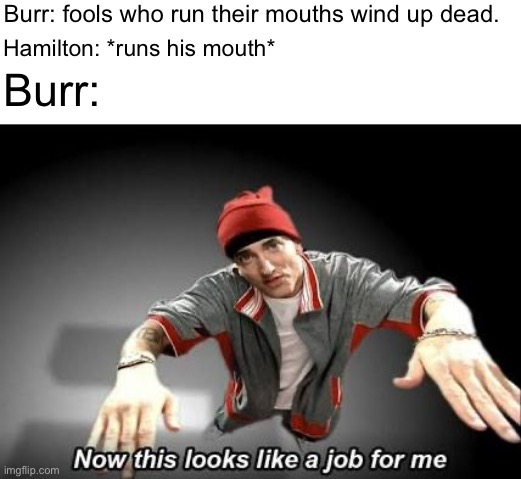 Now this looks like a job for me | Burr: fools who run their mouths wind up dead. Hamilton: *runs his mouth*; Burr: | image tagged in now this looks like a job for me | made w/ Imgflip meme maker