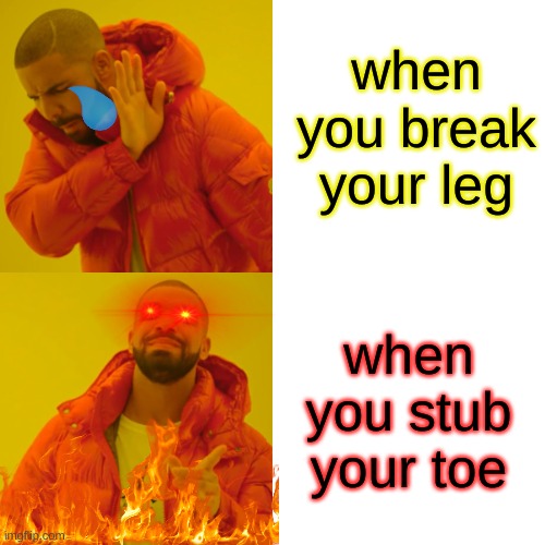 Scales Of Pain | when you break your leg; when you stub your toe | image tagged in memes,drake hotline bling | made w/ Imgflip meme maker