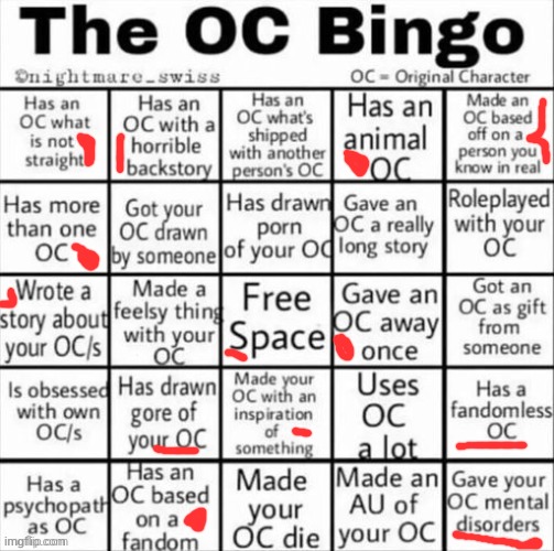 I really want someone to draw my oc....I'll put a pic of them in the comments if anyone wants to! | image tagged in the oc bingo | made w/ Imgflip meme maker