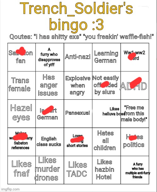 Trench_Soldier's bingo | image tagged in trench_soldier's bingo | made w/ Imgflip meme maker