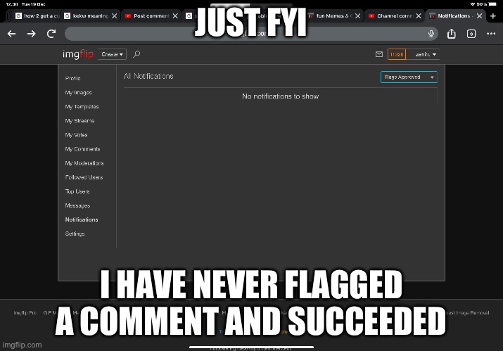 JUST FYI; I HAVE NEVER FLAGGED A COMMENT AND SUCCEEDED | made w/ Imgflip meme maker