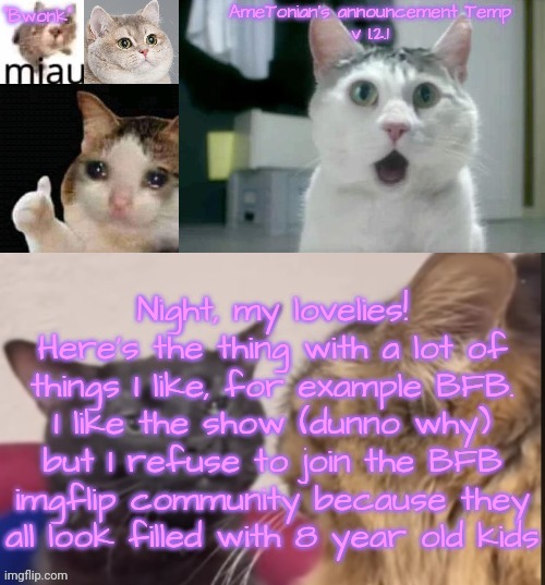AmeTonian's announcement Temp v 1.2.1 | Night, my lovelies!
Here's the thing with a lot of things I like, for example BFB. I like the show (dunno why) but I refuse to join the BFB imgflip community because they all look filled with 8 year old kids | image tagged in ametonian's announcement temp v 1 2 1 | made w/ Imgflip meme maker