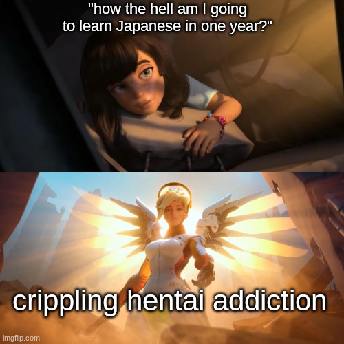 it works | "how the hell am I going to learn Japanese in one year?"; crippling hentai addiction | image tagged in overwatch mercy meme | made w/ Imgflip meme maker