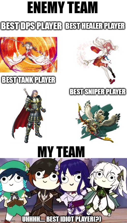 Best I can do is begging for give us many luck. | ENEMY TEAM; BEST DPS PLAYER; BEST HEALER PLAYER; BEST TANK PLAYER; BEST SNIPER PLAYER; MY TEAM; UHHHH.... BEST IDIOT PLAYER(?) | image tagged in memes,funny,team,enemy team,my team,online gaming | made w/ Imgflip meme maker