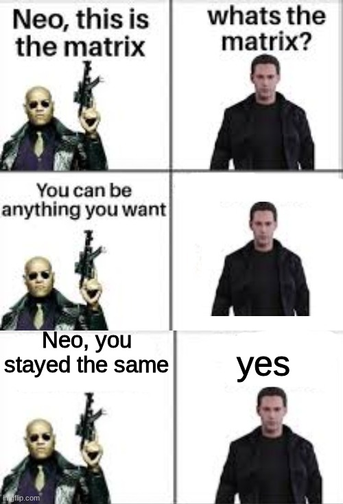 yes; Neo, you stayed the same | image tagged in neo this is the matrix | made w/ Imgflip meme maker