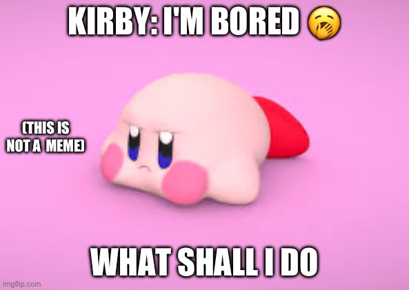 Bored kirby | KIRBY: I'M BORED 🥱; (THIS IS NOT A  MEME); WHAT SHALL I DO | image tagged in kirby,bored | made w/ Imgflip meme maker