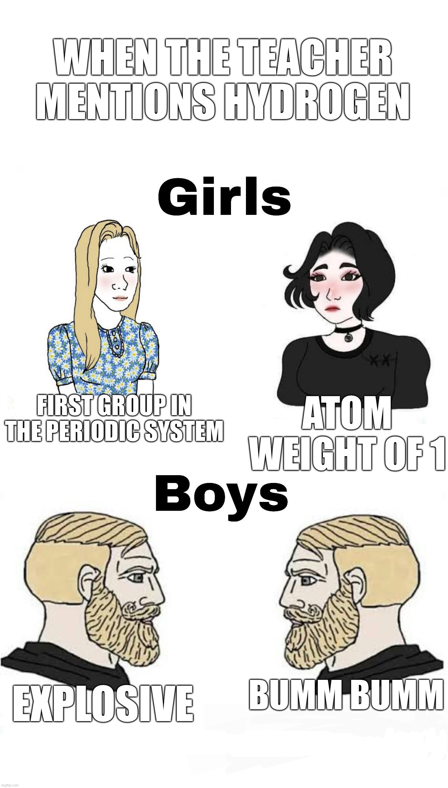 Hydrogen is great | WHEN THE TEACHER MENTIONS HYDROGEN; FIRST GROUP IN THE PERIODIC SYSTEM; ATOM WEIGHT OF 1; BUMM BUMM; EXPLOSIVE | image tagged in girls vs boys | made w/ Imgflip meme maker