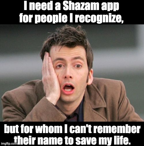 Shazam | I need a Shazam app for people I recognize, but for whom I can't remember their name to save my life. | image tagged in face palm | made w/ Imgflip meme maker