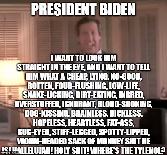 Chevy said it best | PRESIDENT BIDEN; I WANT TO LOOK HIM STRAIGHT IN THE EYE, AND I WANT TO TELL HIM WHAT A CHEAP, LYING, NO-GOOD, ROTTEN, FOUR-FLUSHING, LOW-LIFE, SNAKE-LICKING, DIRT-EATING, INBRED, OVERSTUFFED, IGNORANT, BLOOD-SUCKING, DOG-KISSING, BRAINLESS, DICKLESS, HOPELESS, HEARTLESS, FAT-ASS, BUG-EYED, STIFF-LEGGED, SPOTTY-LIPPED, WORM-HEADED SACK OF MONKEY SHIT HE IS! HALLELUJAH! HOLY SHIT! WHERE'S THE TYLENOL? | image tagged in chevy chase,national lampoon,christmas vacation,inflation,fjb,joe biden | made w/ Imgflip meme maker