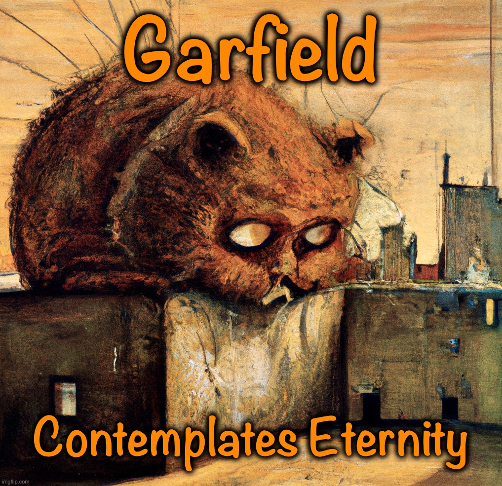 9 lives across infinity | Garfield; Contemplates Eternity | image tagged in garfield,memes,garfield god has abandoned us,i hate mondays,existentialism,eternity | made w/ Imgflip meme maker