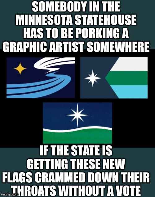 just saying | SOMEBODY IN THE MINNESOTA STATEHOUSE HAS TO BE PORKING A GRAPHIC ARTIST SOMEWHERE; IF THE STATE IS GETTING THESE NEW FLAGS CRAMMED DOWN THEIR THROATS WITHOUT A VOTE | image tagged in democrats | made w/ Imgflip meme maker