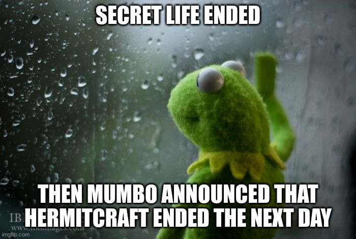 I HAVE NOTHING TO WATCH NOW T^T | SECRET LIFE ENDED; THEN MUMBO ANNOUNCED THAT HERMITCRAFT ENDED THE NEXT DAY | image tagged in kermit window,secret life,hermitcraft,sad,noooooooooooooooooooooooo | made w/ Imgflip meme maker