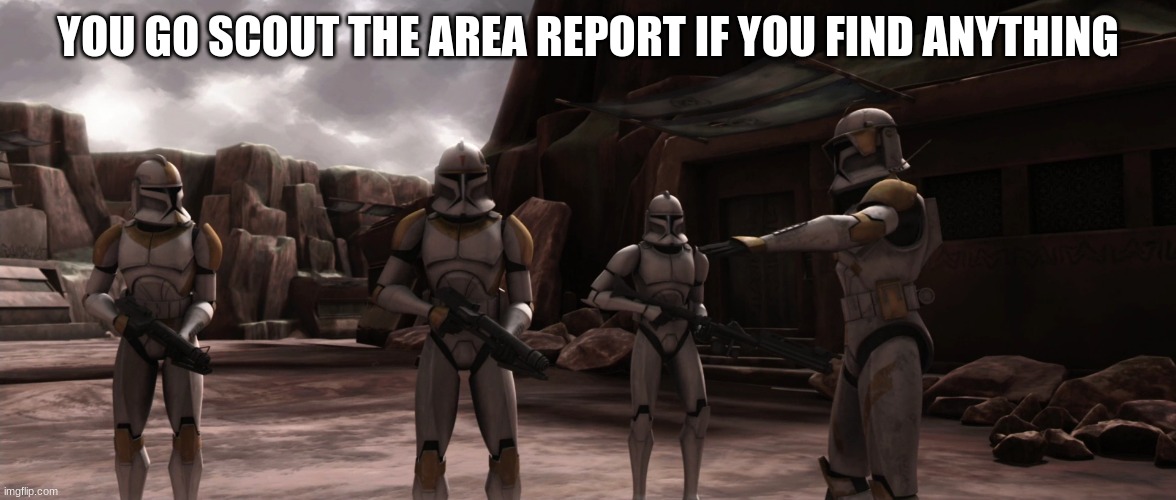 clone commander cody | YOU GO SCOUT THE AREA REPORT IF YOU FIND ANYTHING | image tagged in clone commander cody | made w/ Imgflip meme maker