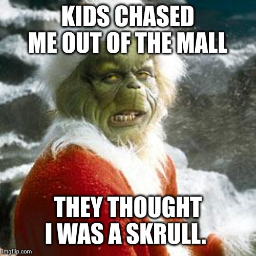 Santa Grinch Skrull | KIDS CHASED ME OUT OF THE MALL; THEY THOUGHT I WAS A SKRULL. | image tagged in grinch,skrull,memes,bullying,marvel,santa claus | made w/ Imgflip meme maker