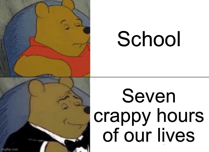 Seven crappy hours of our lives | School; Seven crappy hours of our lives | image tagged in memes,tuxedo winnie the pooh | made w/ Imgflip meme maker