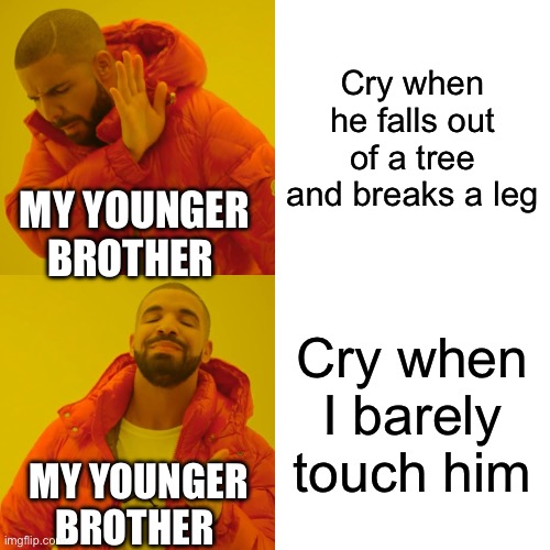 EVERY F*CKING TIME | Cry when he falls out of a tree and breaks a leg; MY YOUNGER BROTHER; Cry when I barely touch him; MY YOUNGER BROTHER | image tagged in memes,drake hotline bling | made w/ Imgflip meme maker