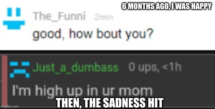 6 MONTHS AGO, I WAS HAPPY; THEN, THE SADNESS HIT | made w/ Imgflip meme maker