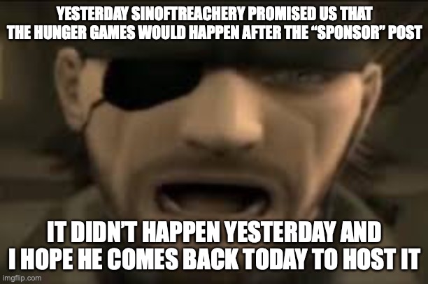 everyone might not even know what i am talking about | YESTERDAY SINOFTREACHERY PROMISED US THAT THE HUNGER GAMES WOULD HAPPEN AFTER THE “SPONSOR” POST; IT DIDN’T HAPPEN YESTERDAY AND I HOPE HE COMES BACK TODAY TO HOST IT | image tagged in naked snake scream | made w/ Imgflip meme maker