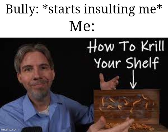 I hate bullies >:€ | Bully: *starts insulting me*; Me: | image tagged in how to krill your shelf,memes,bully,insults,relatable memes,funny | made w/ Imgflip meme maker