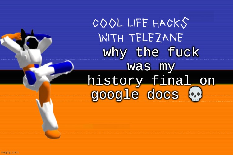 mmmm docs | why the fuck was my history final on google docs 💀 | image tagged in cool life hacks with telezane | made w/ Imgflip meme maker