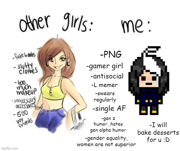 I don't understand the mortal women | -PNG; -gamer girl; -antisocial; -L memer; -swears regularly; -single AF; -gen z humor, hates gen alpha humor; -I will bake desserts for u :D; -gender equality, women are not superior | image tagged in not like other girls | made w/ Imgflip meme maker