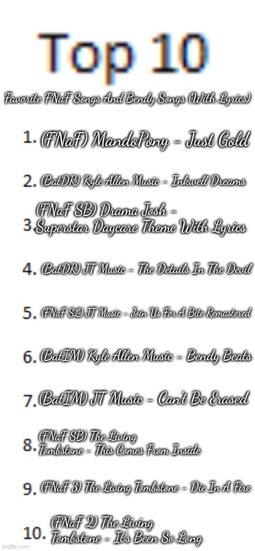 #11 is TLT's FNaF 1 song. | Favorite FNaF Songs And Bendy Songs (With Lyrics); (FNaF) MandoPony - Just Gold; (BatDR) Kyle Allen Music - Inkwell Dreams; (FNaF SB) Drama Josh - Superstar Daycare Theme With Lyrics; (BatDR) JT Music - The Details In The Devil; (FNaF SL) JT Music - Join Us For A Bite Remastered; (BatIM) Kyle Allen Music - Bendy Beats; (BatIM) JT Music - Can't Be Erased; (FNaF SB) The Living Tombstone - This Comes From Inside; (FNaF 3) The Living Tombstone - Die In A Fire; (FNaF 2) The Living Tombstone - It's Been So Long | image tagged in top 10 list | made w/ Imgflip meme maker