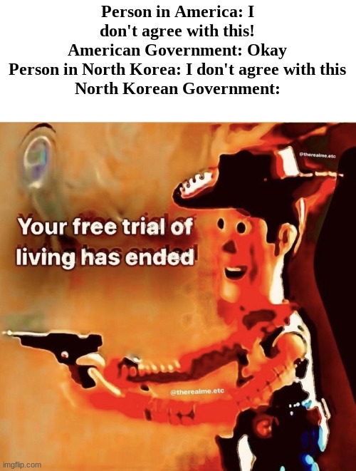 Kim Jong Un knows what you think, you can't escape him. | Person in America: I don't agree with this!
American Government: Okay
Person in North Korea: I don't agree with this
North Korean Government: | image tagged in your free trial of living has ended,kim jong un | made w/ Imgflip meme maker