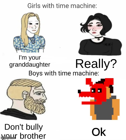 FNAF 4 | I'm your granddaughter; Really? Don't bully your brother; Ok | image tagged in time machine | made w/ Imgflip meme maker