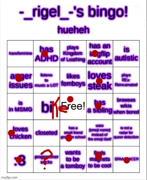 IK im not a user here but im friends with some users here including shadow (my step mom <3) so ya  | image tagged in rigel's bingo | made w/ Imgflip meme maker