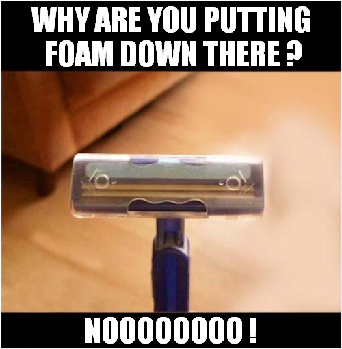 The Horror, The Horror ! | WHY ARE YOU PUTTING 
FOAM DOWN THERE ? NOOOOOOOO ! | image tagged in shaving,horror,dark humour | made w/ Imgflip meme maker