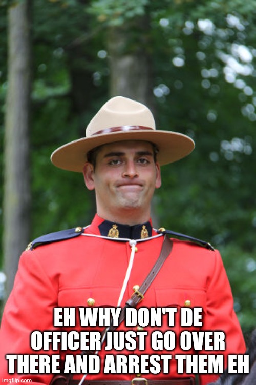 Frowning Mountie | EH WHY DON'T DE OFFICER JUST GO OVER THERE AND ARREST THEM EH | image tagged in frowning mountie | made w/ Imgflip meme maker