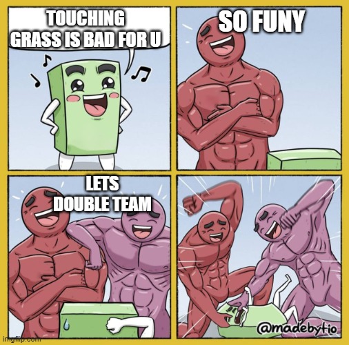 ooof | SO FUNY; TOUCHING GRASS IS BAD FOR U; LETS DOUBLE TEAM | image tagged in guy getting beat up | made w/ Imgflip meme maker