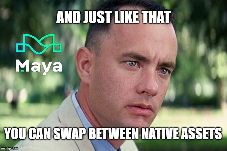 And just like that Maya Protocol | AND JUST LIKE THAT; YOU CAN SWAP BETWEEN NATIVE ASSETS | image tagged in memes,and just like that,forrest gump,cacao,maya protocol,crypto | made w/ Imgflip meme maker