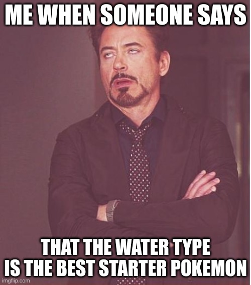 the fire type is the best | WHEN SOMEONE SAYS; THAT THE WATER TYPE IS THE BEST STARTER POKEMON | image tagged in memes,face you make robert downey jr | made w/ Imgflip meme maker