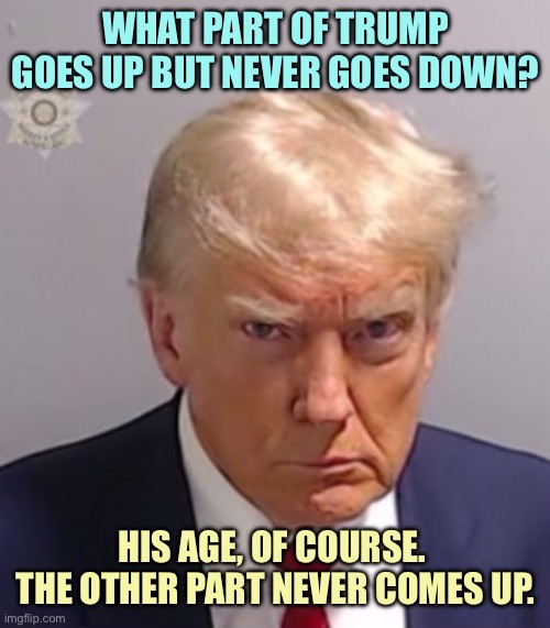 Donald Trump Mugshot | WHAT PART OF TRUMP GOES UP BUT NEVER GOES DOWN? HIS AGE, OF COURSE.  THE OTHER PART NEVER COMES UP. | image tagged in donald trump mugshot,memes | made w/ Imgflip meme maker