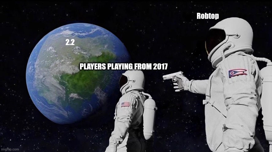 2.2 was supposed to be in October... | Robtop; 2.2; PLAYERS PLAYING FROM 2017 | image tagged in memes,always has been | made w/ Imgflip meme maker