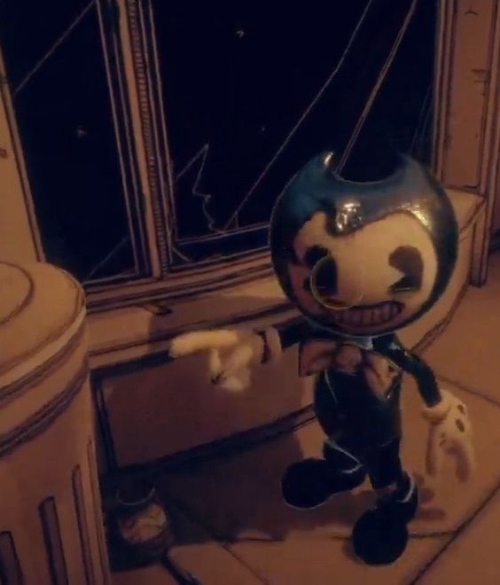 Baby Bendy Pointing At A Trash Can Blank Meme Template