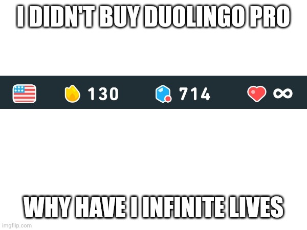 I didn't hack it | I DIDN'T BUY DUOLINGO PRO; WHY HAVE I INFINITE LIVES | made w/ Imgflip meme maker