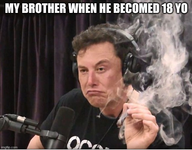 Sure | MY BROTHER WHEN HE BECOMED 18 YO | image tagged in elon musk smoking a joint | made w/ Imgflip meme maker