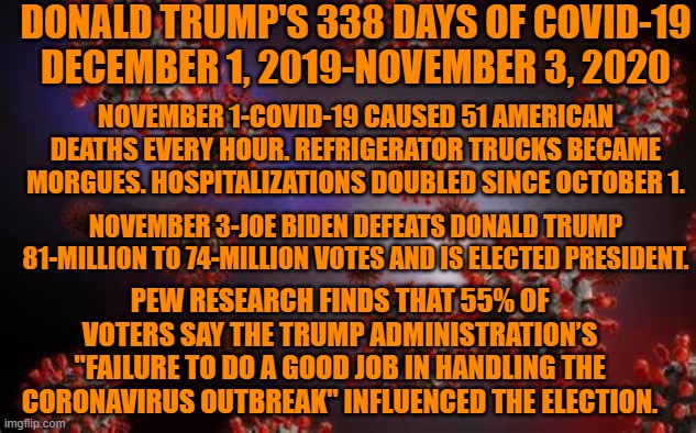Most American Voters know someone who got sick or died from COVID-19. | DONALD TRUMP'S 338 DAYS OF COVID-19
DECEMBER 1, 2019-NOVEMBER 3, 2020; NOVEMBER 1-COVID-19 CAUSED 51 AMERICAN DEATHS EVERY HOUR. REFRIGERATOR TRUCKS BECAME MORGUES. HOSPITALIZATIONS DOUBLED SINCE OCTOBER 1. NOVEMBER 3-JOE BIDEN DEFEATS DONALD TRUMP 81-MILLION TO 74-MILLION VOTES AND IS ELECTED PRESIDENT. PEW RESEARCH FINDS THAT 55% OF VOTERS SAY THE TRUMP ADMINISTRATION’S "FAILURE TO DO A GOOD JOB IN HANDLING THE CORONAVIRUS OUTBREAK" INFLUENCED THE ELECTION. | image tagged in politics | made w/ Imgflip meme maker