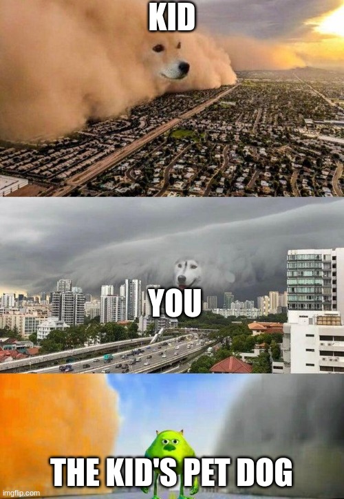 mike wazowski storm dog | KID
 
 
 
 
 
 
 
 YOU THE KID'S PET DOG | image tagged in mike wazowski storm dog | made w/ Imgflip meme maker
