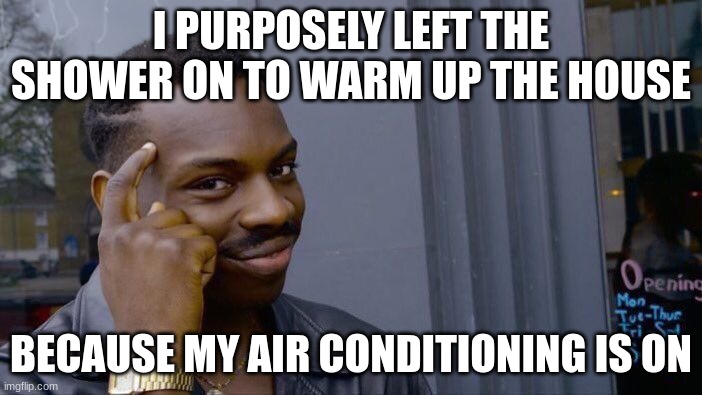 air conditioning | I PURPOSELY LEFT THE SHOWER ON TO WARM UP THE HOUSE; BECAUSE MY AIR CONDITIONING IS ON | image tagged in memes,roll safe think about it | made w/ Imgflip meme maker