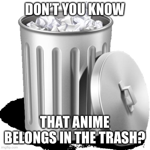 Trash can full | DON’T YOU KNOW THAT ANIME BELONGS IN THE TRASH? | image tagged in trash can full | made w/ Imgflip meme maker