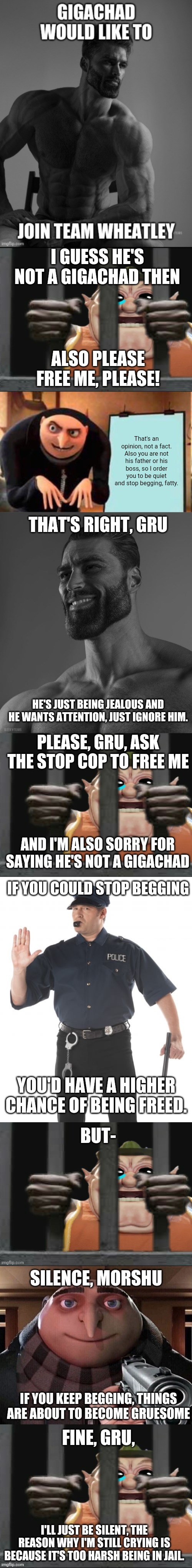 Your opinion doesn't change the fact that he's a Gigachad, Wigglytuff_fan. | image tagged in morshu jail,gru's plan,gigachad,gru gun | made w/ Imgflip meme maker