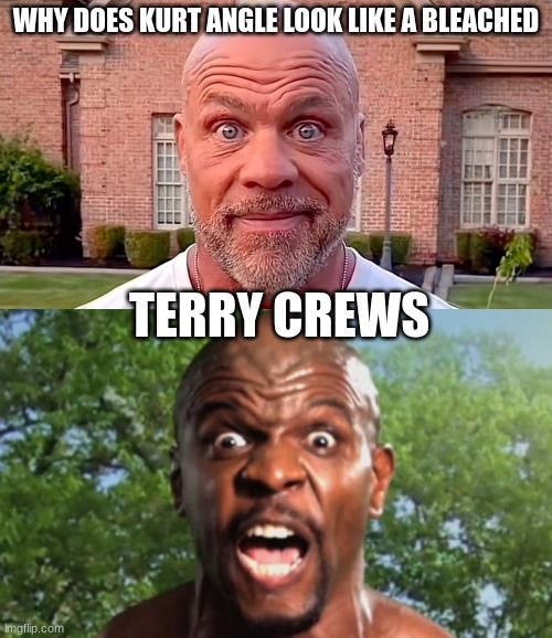 WHY DOES KURT ANGLE LOOK LIKE A BLEACHED; TERRY CREWS | image tagged in kurt angle stare,terry crews | made w/ Imgflip meme maker
