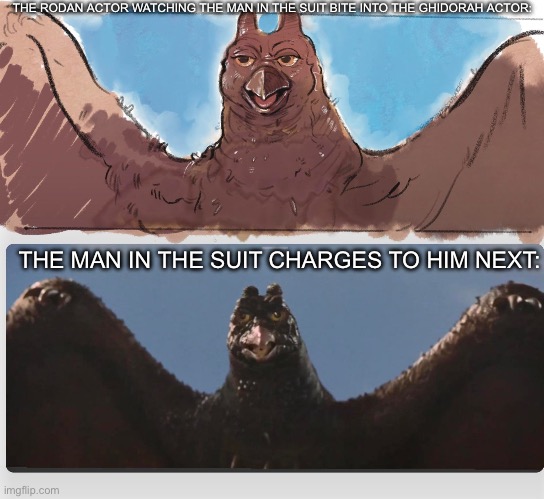 How rodan would appear in TMITS | THE RODAN ACTOR WATCHING THE MAN IN THE SUIT BITE INTO THE GHIDORAH ACTOR:; THE MAN IN THE SUIT CHARGES TO HIM NEXT: | image tagged in godzilla | made w/ Imgflip meme maker